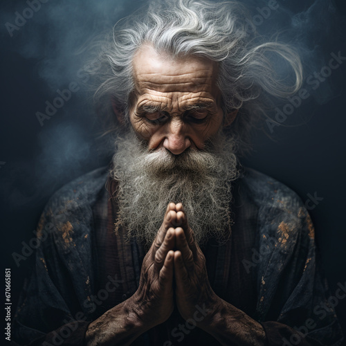 close-up, a poor gray-haired old man prays, thanks God, an elderly man in old clothes with his hands folded in namaste, on a dark background