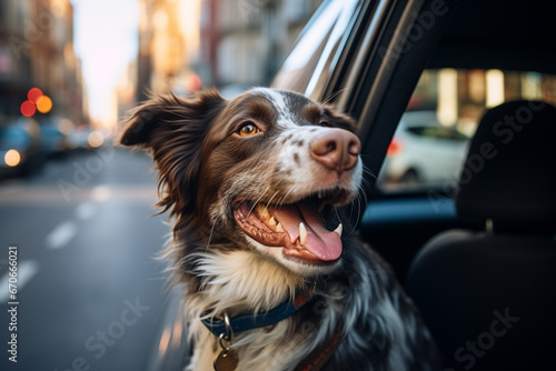 Cute dog waiting for his owner in the car. Pet travel concept.