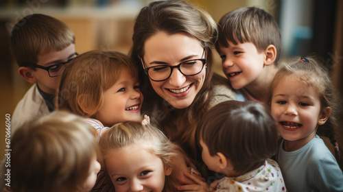 A teacher in a kindergarten or elementary school surrounded by her students.