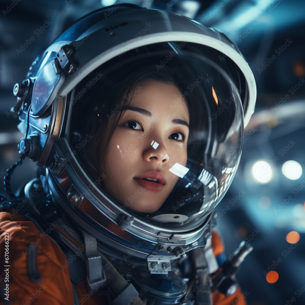 Asian astronaut woman in a spaceship