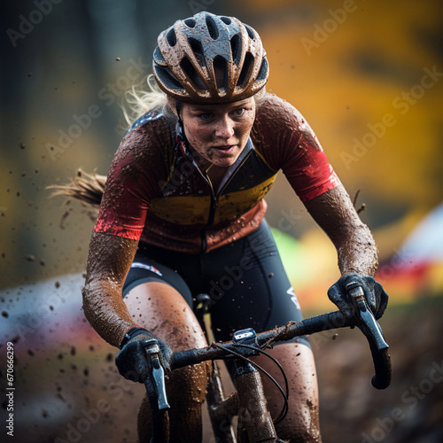 Professional cyclist woman with a look of effort during a cyclocross competition