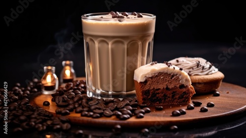 Coffee latte with chocolate muffin and coffee beans on black background. Caffeine Concept With Copy Space