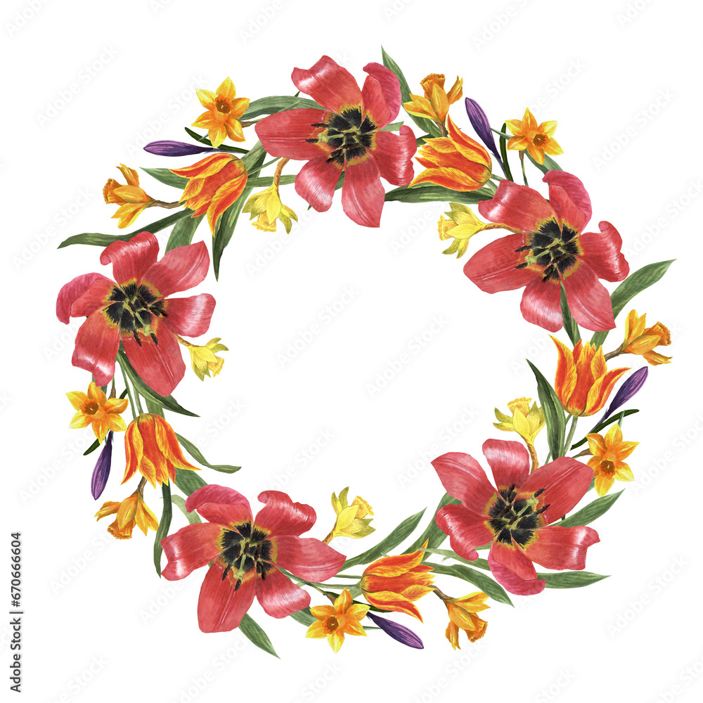 Obraz premium Wreath of spring flowers. Watercolor illustration of flower composition for greeting card, background or flyer. Wedding design