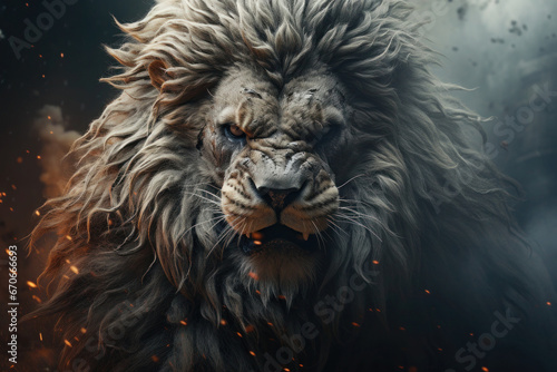 Close up portrait of aggressive lion on abstract background with smoke. © Lazy_Bear