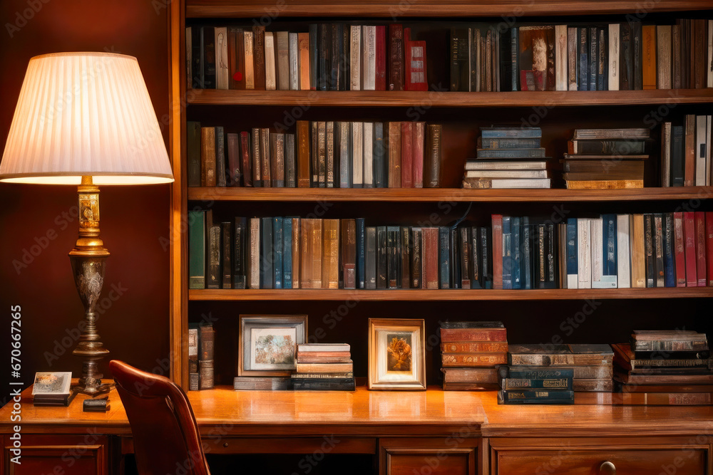 A small study area with a vintage desk, chair, and lamp, surrounded by a wooden bookshelf filled with books and framed family photos. Interior design