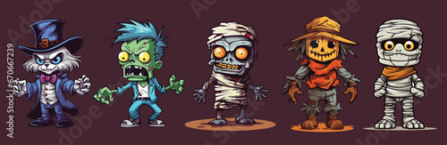 Halloween zombie cartoon characters. Vector illustration of a set of zombies.