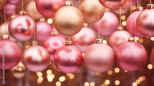Christmas and New Year Background. Many, Collection of Hanging Pink and Golden Christmas Balls and Led Lights, Bokeh. AI Generated