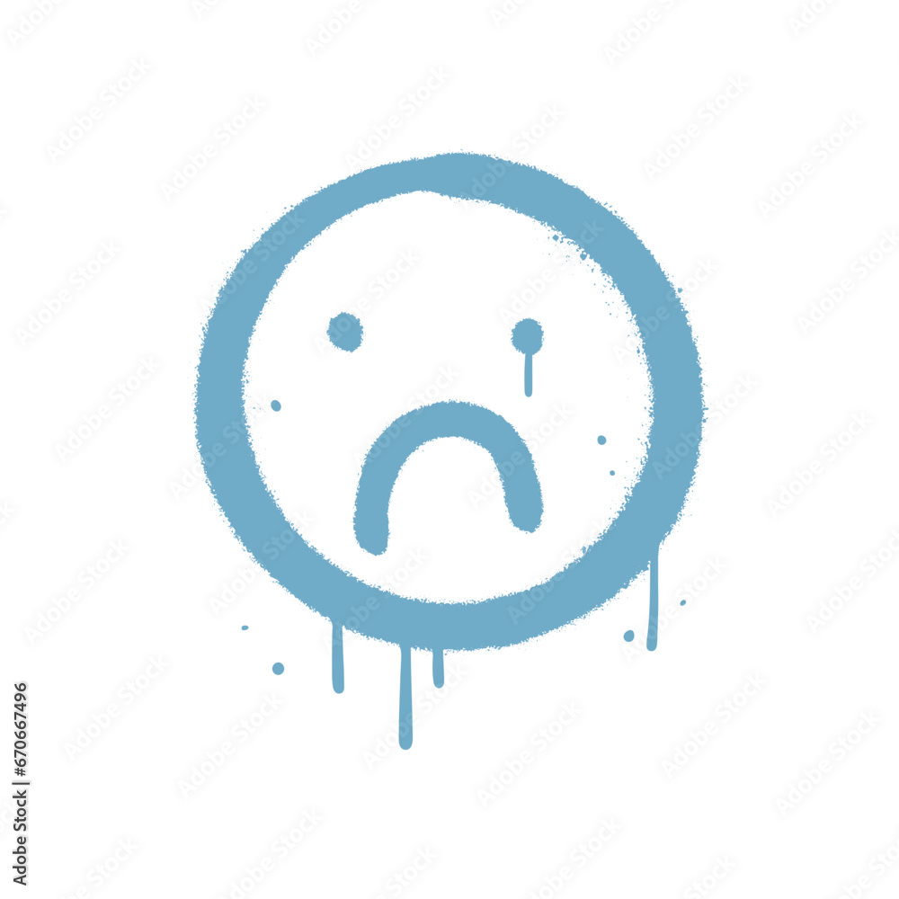 Sad face sign emoji in Spray paint urban graffiti style. Emoticon symbol vector illustration with drops and leaks Sad face sign emoji in Spray paint urban graffiti style. Emoticon symbol vector illustration with drops and leaks