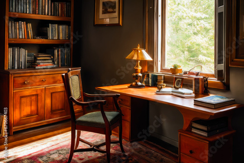 A small study area with a vintage desk, chair, and lamp, surrounded by a wooden bookshelf filled with books and framed family photos. Interior design © mikhailberkut