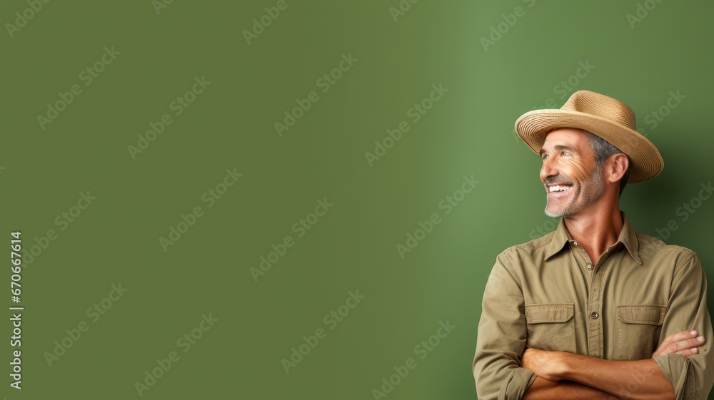 Smiling farmer standing on a green brown background copy space on the right created with Generative AI Smiling farmer standing on a green brown background copy space on the right created with Generative AI