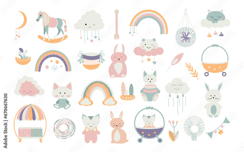 Fototapeta premium A collection of charming Scandinavian style boho baby cards featuring adorable doodle children clipart.Cute cartoon bohemian nursery posters.For shower invitations, posters, and more.