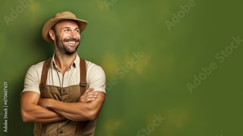 Smiling farmer standing on a green brown background copy space on the right created with Generative AI