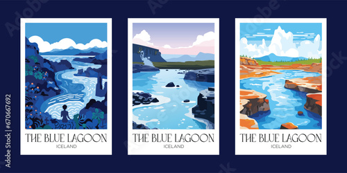 Set of four vector posters with waterfalls, mountains and blue sky.