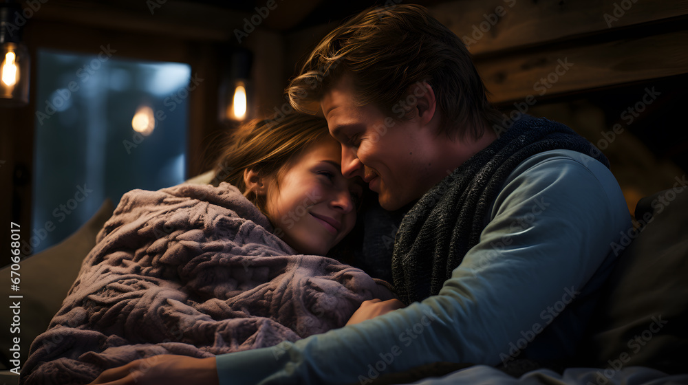 A couple cuddling under a cozy blanket, with a rustic cabin interior as the background context, during a romantic mountain getaway A couple cuddling under a cozy blanket, with a rustic cabin interior as the background context, during a romantic mountain getaway