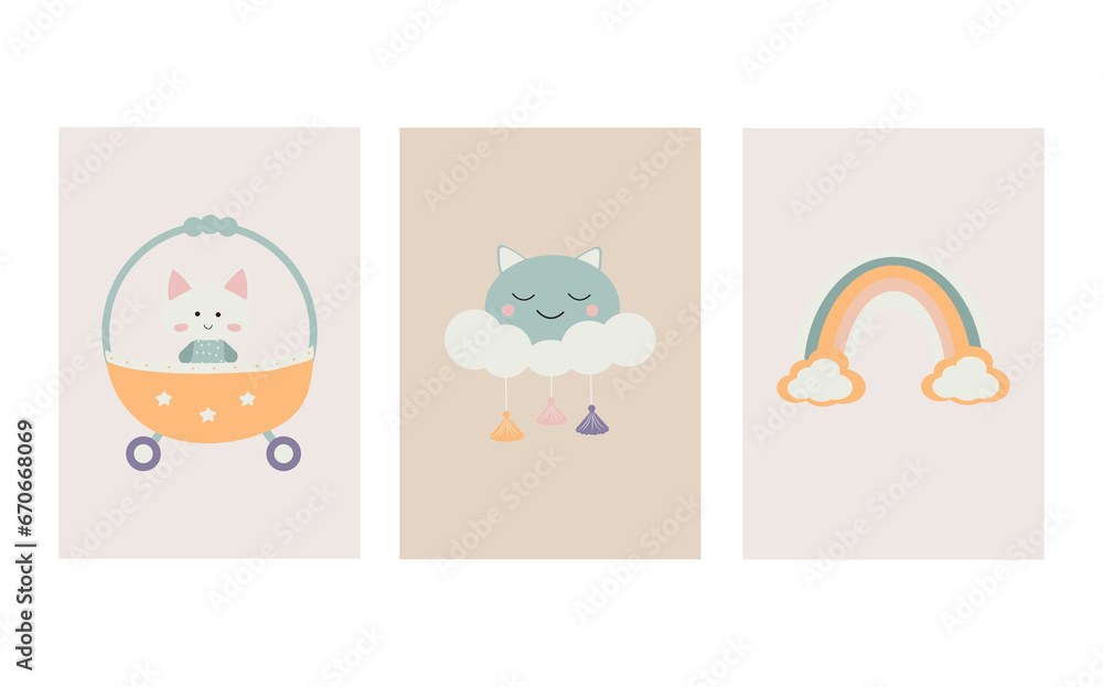 Fototapeta premium A collection of charming Scandinavian style boho baby cards featuring adorable doodle children clipart.Cute cartoon bohemian nursery posters.For shower invitations, posters, and more.