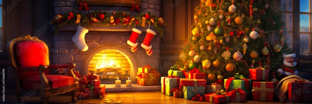 Christmas Tree and Gifts in a Magical Room with Fireplace. Traditional and Sunny Home Decor with Santa Claus' Throne