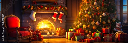 Christmas Tree and Gifts in a Magical Room with Fireplace. Traditional and Sunny Home Decor with Santa Claus  Throne