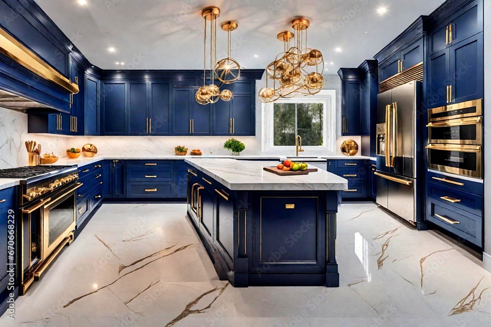 midshot of contemporary luxury kitchen with gold hardware, navy blue