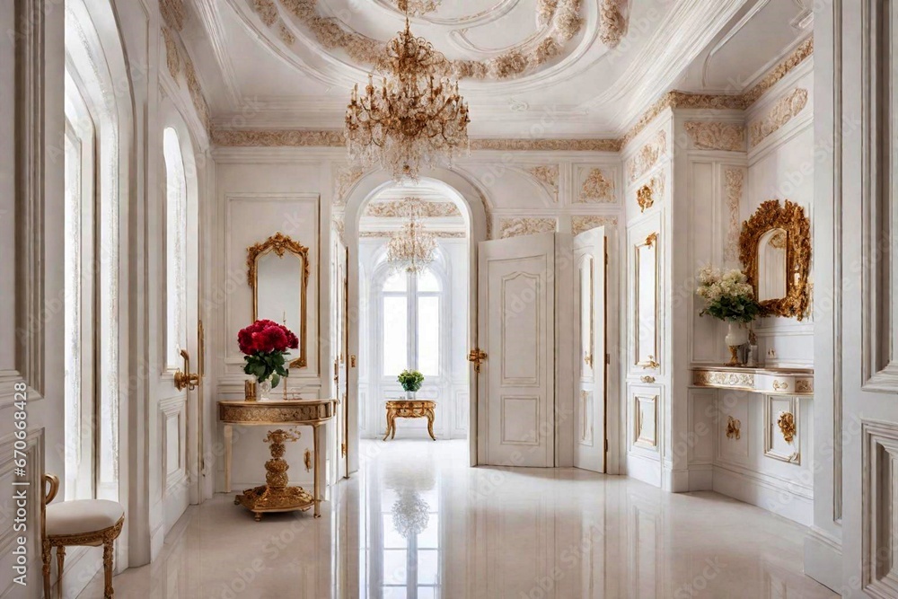 baroque-styled light luxury interior with royal aristocratic flair, pricey antique furnishings in a white hallway, royal aristocratic decor in a baroque-styled interior.