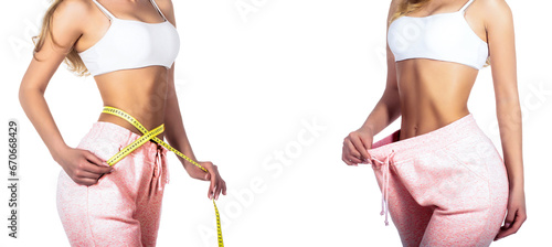 Slim woman's body. Woman shows weight loss. Slim body. Slim girl. Weight loss concept. Slim girl with centimeter. Closeup woman measuring her waist with tape