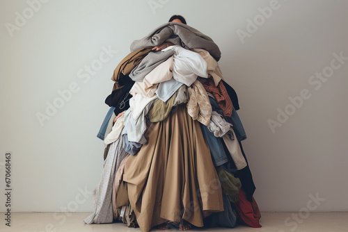 Woman standing in a pile of clothes. Shopping addiction, clothing industry pollution, used clothes, fast fashion, sustainability, second hand, recycling concept, overabundance, reuse of garment photo