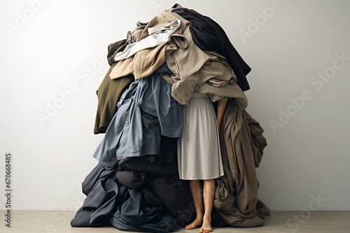 Woman standing in a pile of clothes. Shopping addiction, clothing industry pollution, used clothes, fast fashion, sustainability, second hand, recycling concept, overabundance, reuse of garment