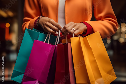 Unrecognizable woman holding many shopping paper bags. Hands with paper package bags. Black Friday sale big buy day, discount concept, sale season, shopaholic.