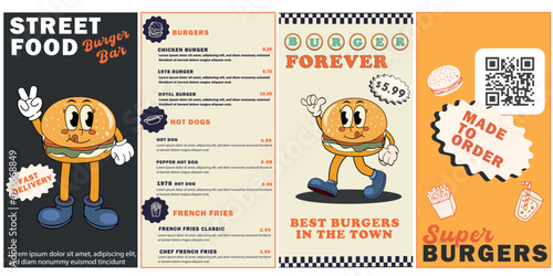 Burger retro cartoon fast food posters and cards. Comic character slogan quote and other elements for burger bar cafe restaurant. Menu, invitation, stories template. Groovy vector illustration