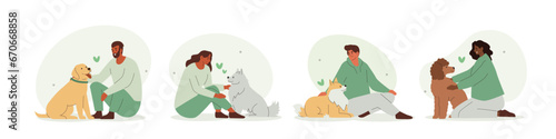 Volunteers help and take care of sheltered stray dogs. People adopting homeless animals set. Pet adoption, charity, love concept. Flat vector illustration. 