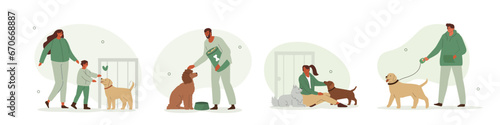 Volunteers feed, help and take care of stray dogs in shelter. People adopting homeless animals set. Pet adoption, charity, love and ownership concept. Flat vector illustration.