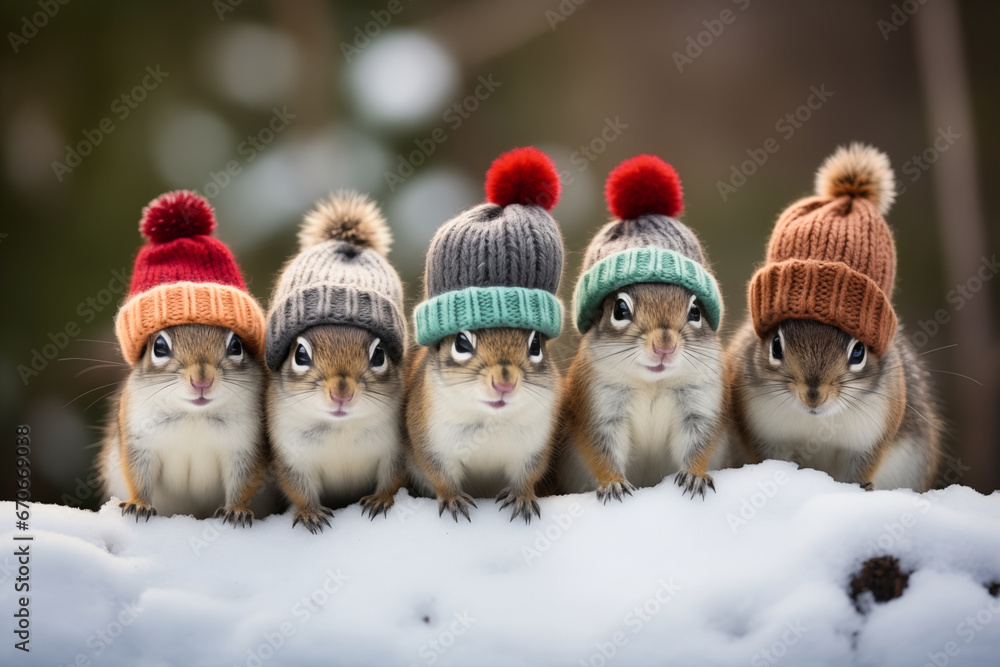 A group of five cute chipmunks in the snow wearing winter woolly hats, adorable Christmas scene - Generative AI - obrazy, fototapety, plakaty 