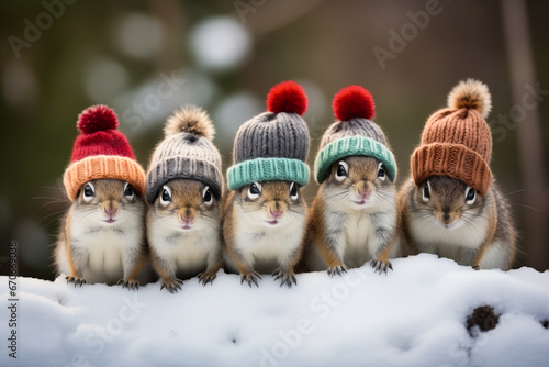 A group of five cute chipmunks in the snow wearing winter woolly hats, adorable Christmas scene - Generative AI
