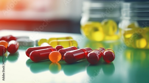 A bunch of pills on a table. Red and yellow capsules with vitamins, supplements, or medications.