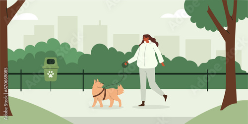 Pet owner leading playful dog on the leash. Canine animal obedient training and outside loose leash walking. Puppy care concept. Flat vector illustration.