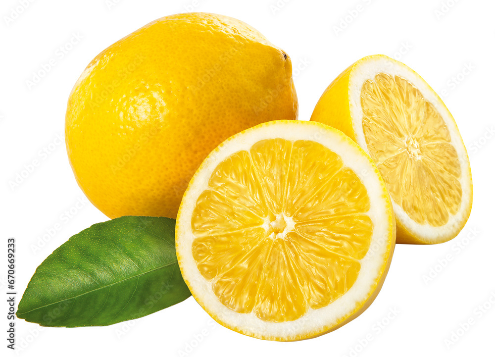 limão siciliano inteiro e limão siciliano cortado acompanhado de folha de limoeiro isolado em fundo transparente