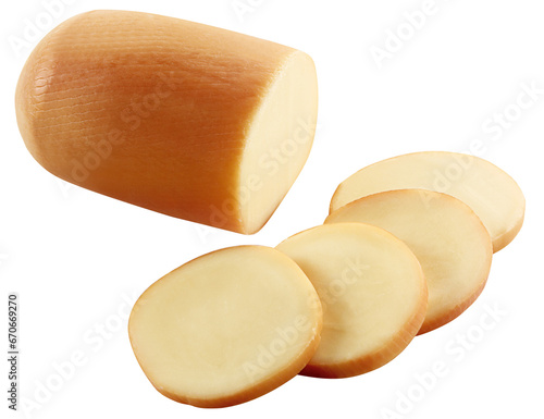 pedaço de queijo provolone acompanhado de fatias de queijo provolone isolado em fundo transparente photo