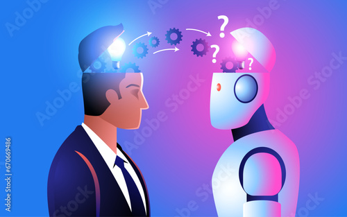 AI learning, robot inputting information from a human head into its own. Conveys the idea of knowledge transfer and the capabilities of artificial intelligence to absorb and process human insights
