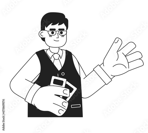 Eyeglasses asian male movie theatre employee black and white 2D cartoon character. Man attendant holding tickets isolated vector outline person. Theater usher monochromatic flat spot illustration