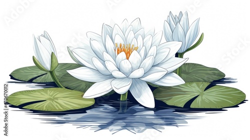 A drawing of a white waterlily with green leaves. Water lily flowers.