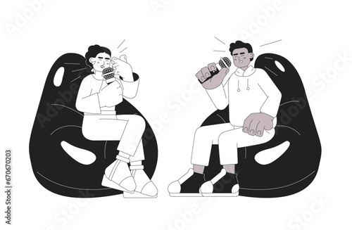 Comedy podcast black and white cartoon flat illustration. Stand up comedians microphones laughing people linear 2D characters isolated. Comedy show hosts mic in studio monochromatic scene vector image