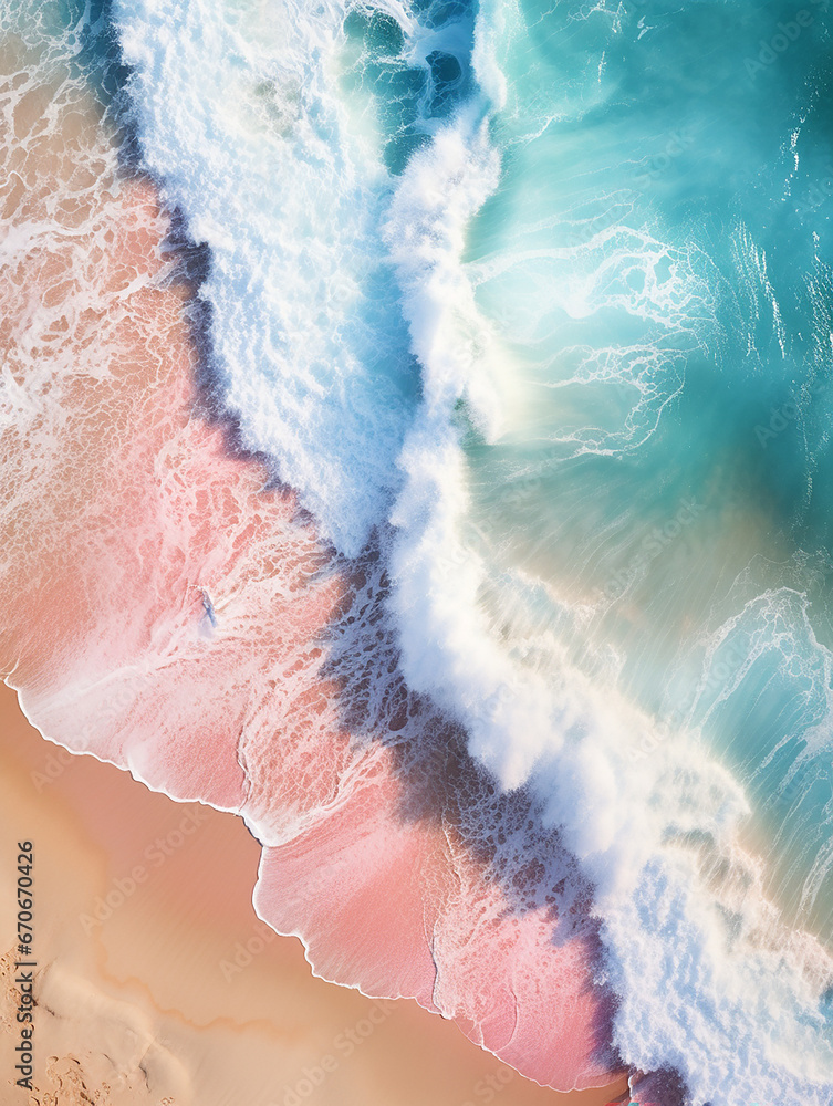 wave on beach, Abstract blurred sunset sunrise sky and ocean nature background, pastel pink beach sand clear blue ocean water; Pink and blue gradient colors; ocean wave summer; love and romantic