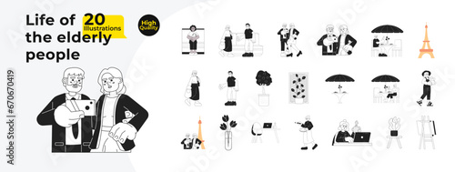 Active retiree pensioners black and white cartoon flat illustration bundle. Grandparent old people linear 2D objects, characters isolated. Activities leisure time monochromatic vector image collection
