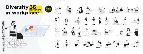 Diverse employees coworkers multicultural black and white cartoon flat illustration bundle. Diversity colleagues inclusive people linear 2D characters isolated. Monochromatic vector image collection