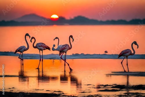 pink flamingos during a brilliant sunset