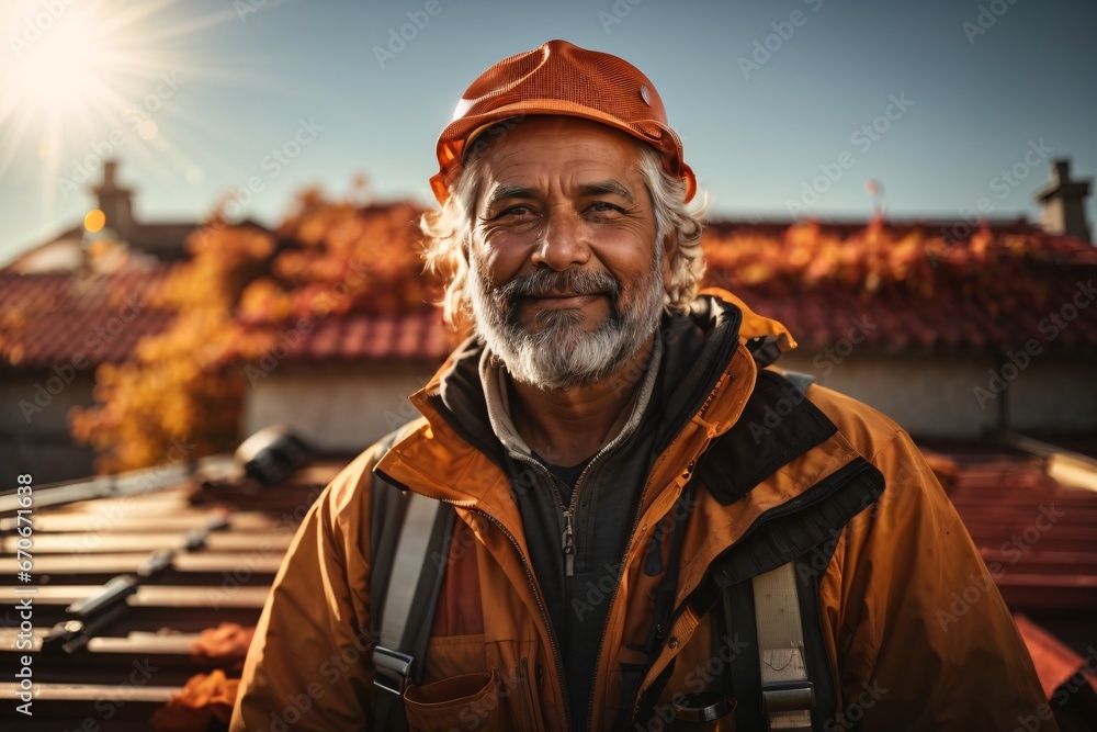 Fototapeta premium Portrait of a roof construction bearded mature worker working on a roof, adorned in safety gear with autumn sun flares in the background. Generative AI.