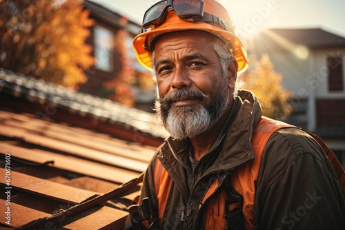 Portrait of a roof construction bearded mature worker working on a roof, adorned in safety gear with autumn sun flares in the background. Generative AI. © kapros76