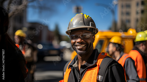 Black construction worker smiling and wearing hard hat, vest and goggles.