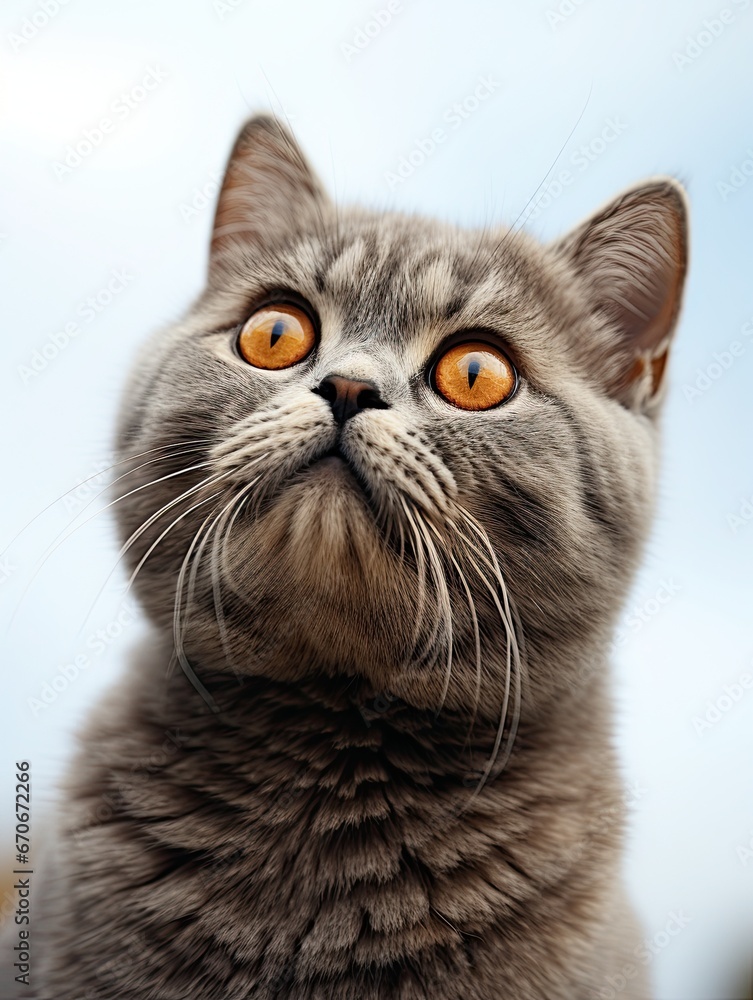 The grey kitten of the British breed looks up curiously and shows an emotion of great surprise and interest. Generated by AI. The grey kitten of the British breed looks up curiously and shows an emotion of great surprise and interest. Generated by AI.