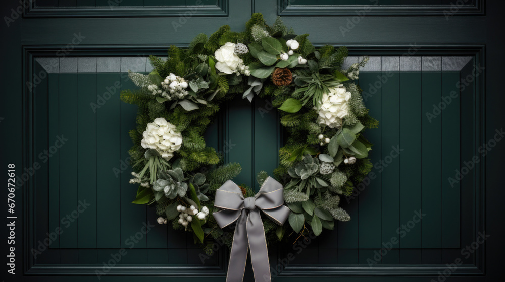 A wreath made of fresh green spruce branches with white flowers, green leaves and a gray bow on a green fornt door background.