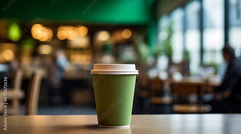A reusable paper cup is seen within a highway rest stop or cafe. A reusable paper cup is seen within a highway rest stop or cafe.